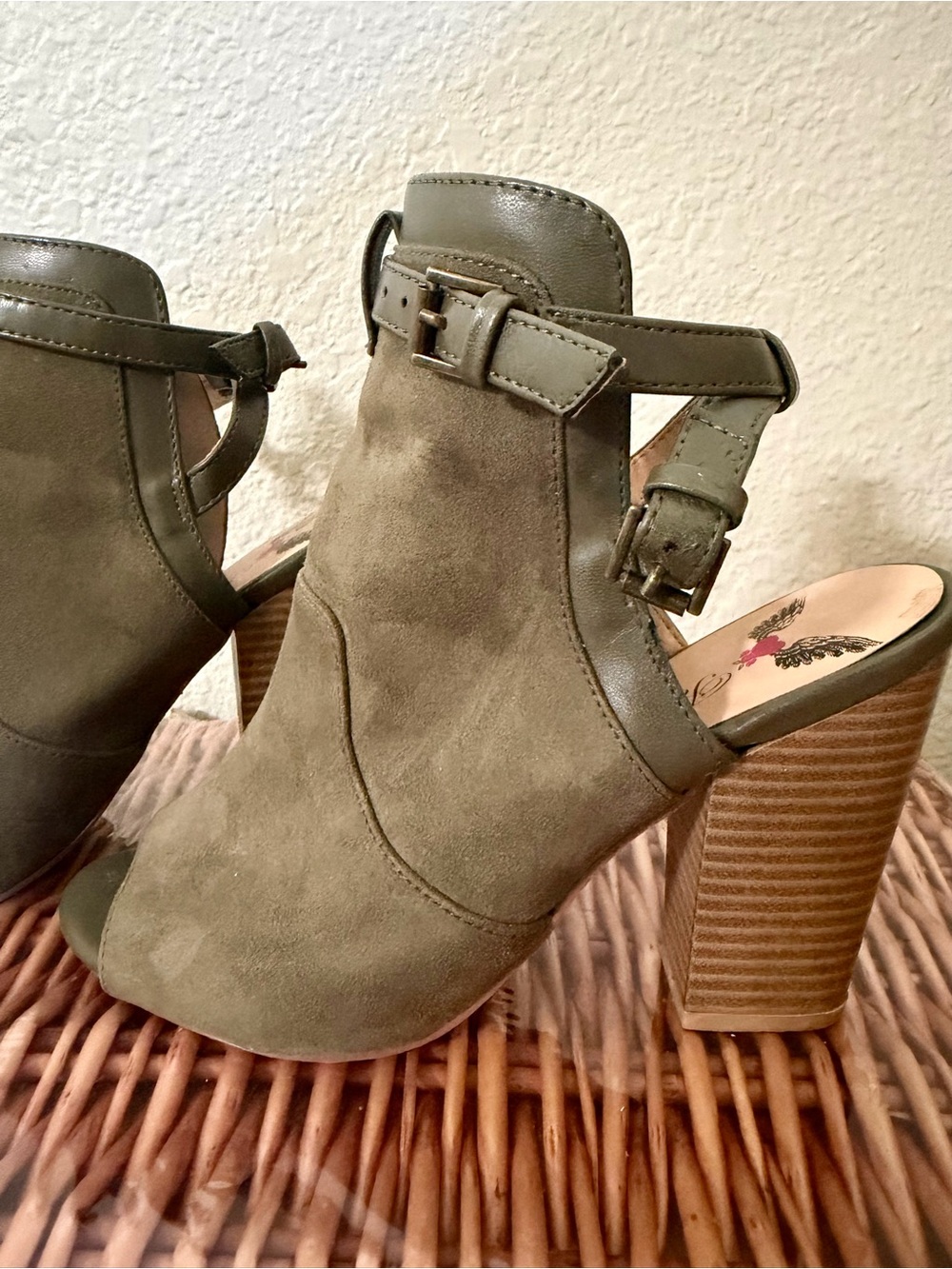 Olive Green Suede Open-Toe Block Heel Sandals
